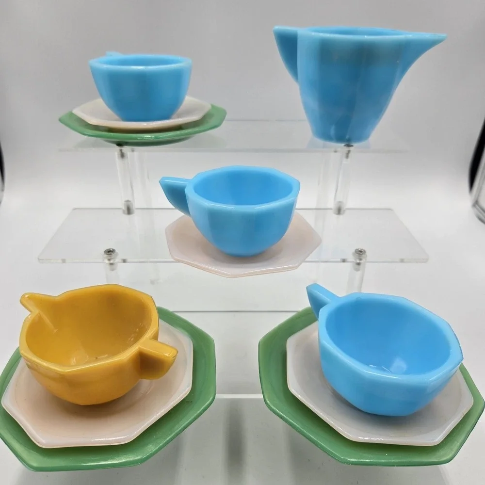 Antique Akro Agate Tea Set Little American Maid Blue Jade Pink Yellow Glass 12pc